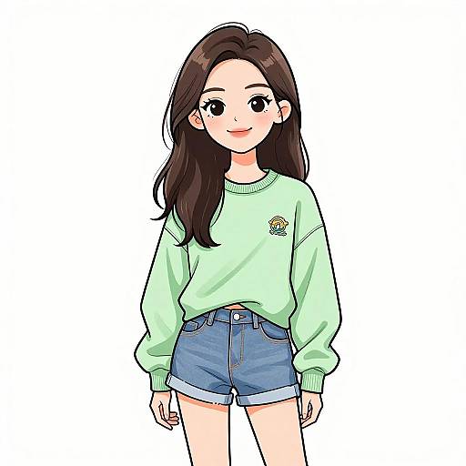 Digital anime-style drawing of a cute young woman with long brown hair, wearing a light green sweater and blue denim shorts.