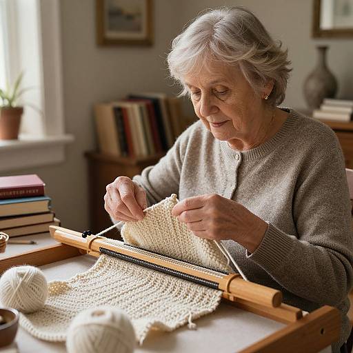 Photograph of an elderly woman with short gray hair, wearing a brown sweater, knitting a cream-colored pattern on a wooden loom in a softly lit