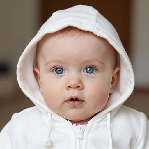 Photograph of a cute baby with bright blue eyes, fair skin, and rosy cheeks, wearing a white hooded onesie, looking surprised.