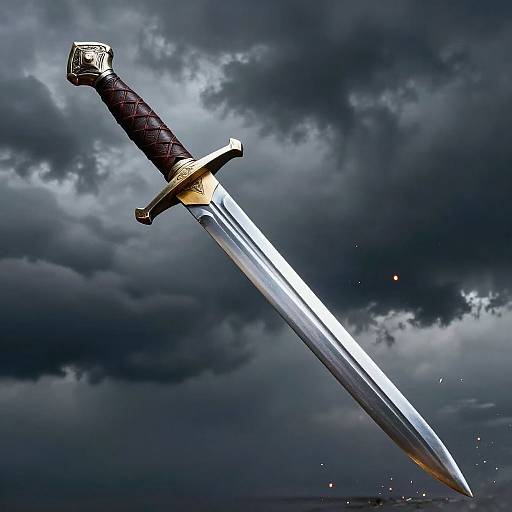 Photograph of a gleaming, double-edged sword with a black, diamond-patterned hilt, floating against a dramatic, stormy sky.