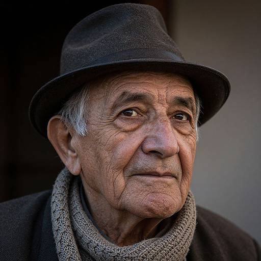 Photograph of an elderly man with deeply wrinkled skin, wearing a black hat and gray scarf, looking pensively to the side.