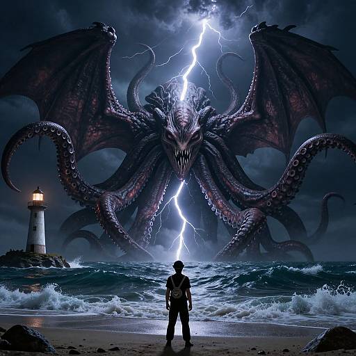 Digital artwork of a lone figure facing a massive, stormy sea with a monstrous, lightning-illuminated octopus-like creature and a lighthouse