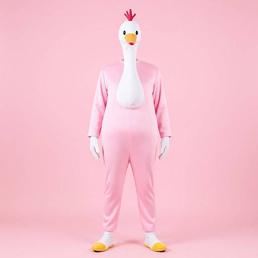 Digital 3D rendering of a white anthropomorphic chicken with a red comb, wearing a pink suit and yellow shoes, standing against a solid pink background