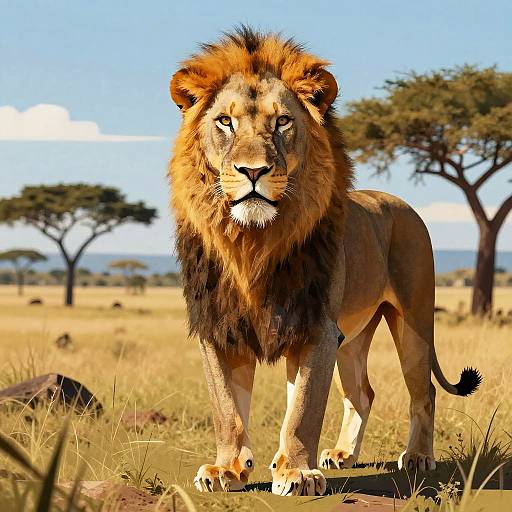 Photograph of a regal male lion with a thick, golden-brown mane standing in a sunlit African savanna, with acacia trees and