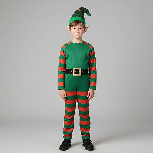 Photograph of a young boy with elf costume: green bodysuit with red and green stripes, black belt, and pointed hat, standing against a