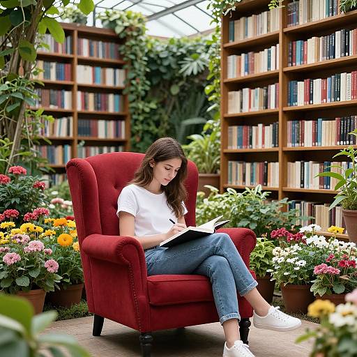 Photograph of a young woman with long brown hair, wearing a white t-shirt and blue jeans, reading a book in a lush, book-filled greenhouse