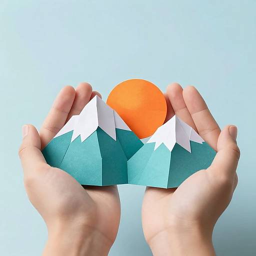 Photograph of hands holding a paper mountain range with a bright orange sun behind it, against a plain white background.