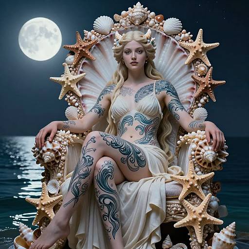 Digital art of a tattooed, blonde sea goddess with intricate tattoos, wearing a white dress, seated on a starfish-adorned shell throne under