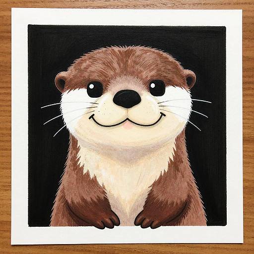 Cute digital illustration of a smiling brown and white otter with big black eyes and a black nose, framed on a wooden surface.