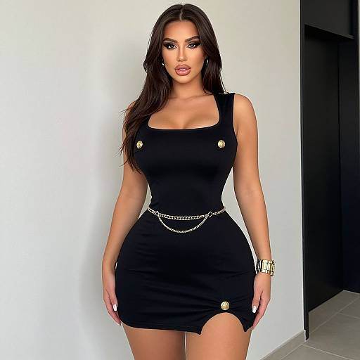 Photograph of a curvy woman with long dark hair, wearing a tight black dress with gold buttons, chain belt, and gold watch, standing against