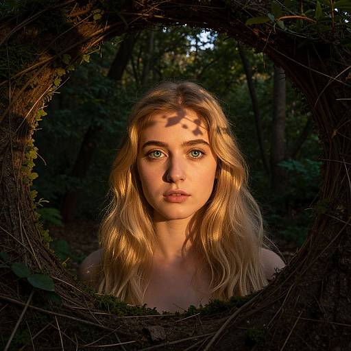 Photograph of a blonde woman with wavy hair, blue eyes, and fair skin, framed by a circular wooden wreath, illuminated by sunlight in