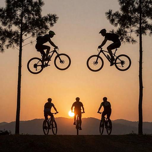 Dynamic Sunset with Cyclists in Flight