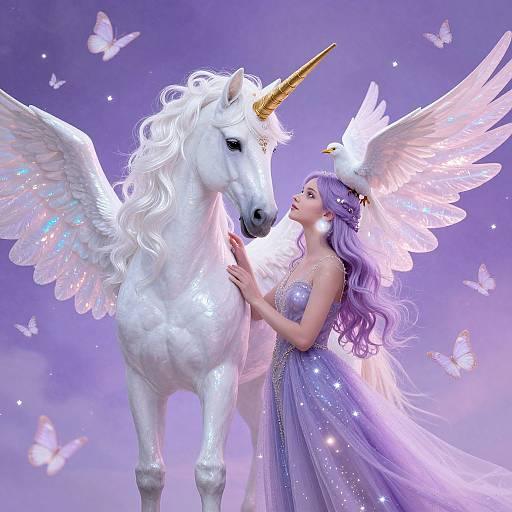 Digital art of a fairytale-style woman with long purple hair, white wings, and a sparkly dress, gently touching a glowing white unicorn with
