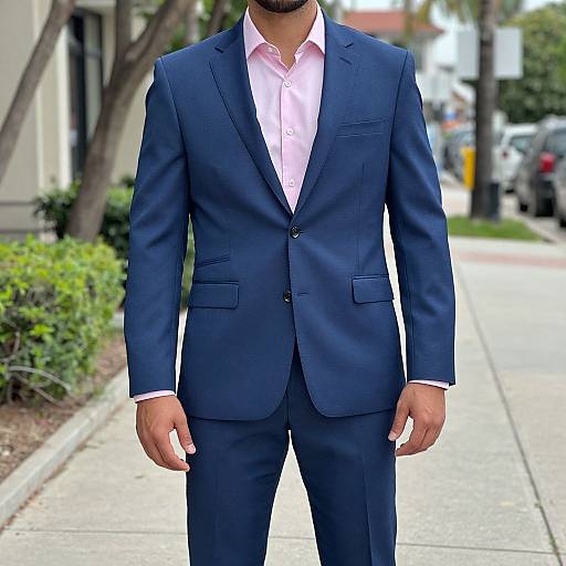 Photograph of a man in a dark blue suit, white shirt, standing on a city sidewalk with blurred background and trees.