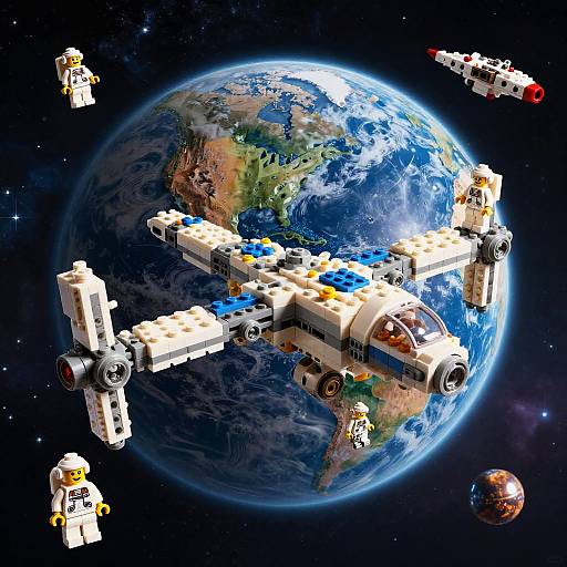 Lego Space Station Orbiting Colorful Planet