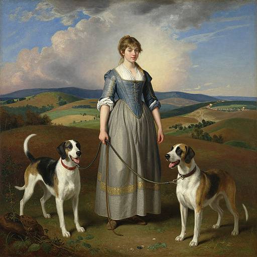 Photorealistic painting of a young woman in 19th-century blue dress and white blouse, holding leashes of two St. Bernards, standing