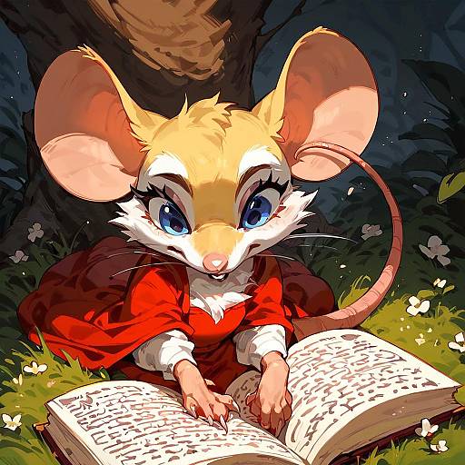 Anthropomorphic Mouse Reading Under Tree