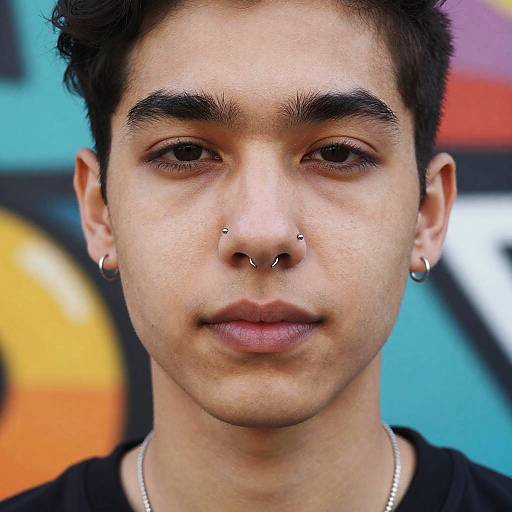 Close-up photograph of a young man with short dark hair, thick eyebrows, nose piercings, hoop earrings, and a silver necklace, wearing a
