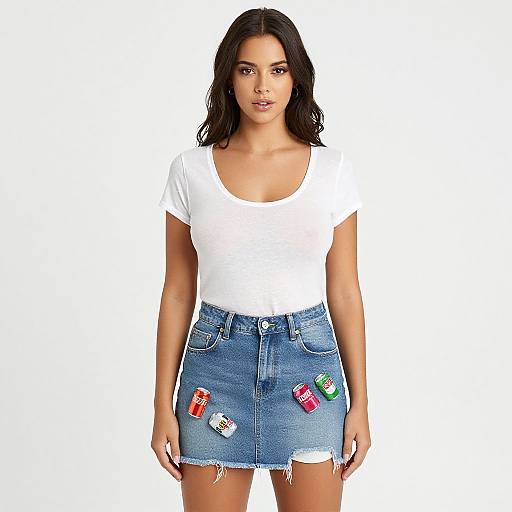 Photograph of a young woman with medium-length dark brown hair, wearing a white t-shirt and blue denim skirt with colorful patch pockets, against a white