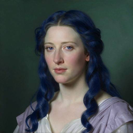 Digital painting of a pale-skinned woman with long, wavy blue-black hair, blue eyes, and a serene expression, wearing a white and lavender