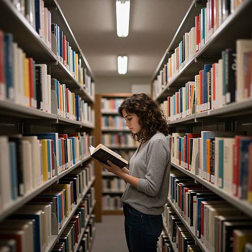 Photograph of a curly-haired woman in a gray sweater, standing in a library aisle, reading a book among colorful shelves.