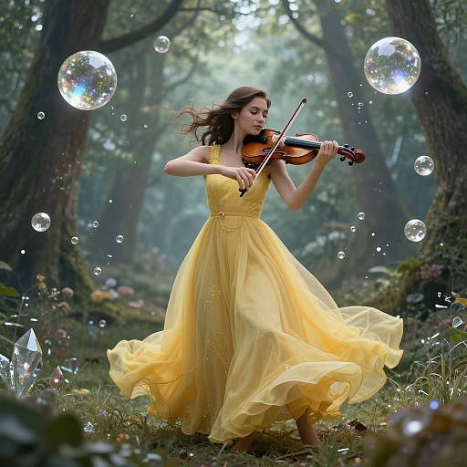 Photograph of a brunette woman in a flowing yellow dress playing a violin in a magical forest with floating bubbles.
