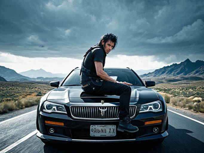 Man Sitting on Car Hood on Desert Road