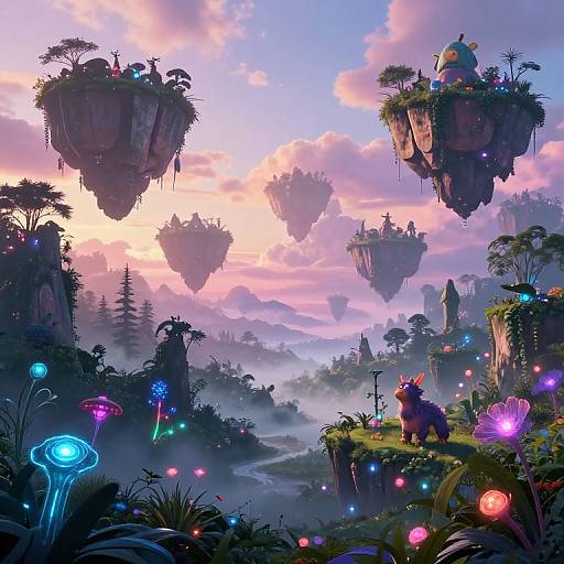Fantasy digital painting of a magical forest at sunset, featuring floating islands, glowing mushrooms, colorful bioluminescent plants, and whimsical creatures.