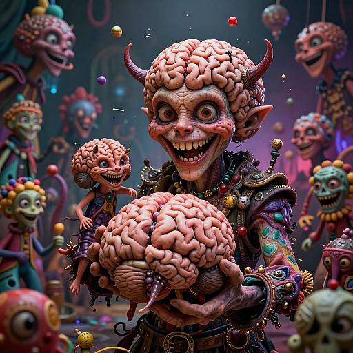 Digital CGI artwork of a grinning, horned, brain-headed creature holding a human brain, surrounded by colorful, grotesque, miniature versions in a