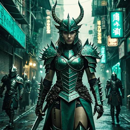 Female Warrior in Spiked Armor with Horned Helmet