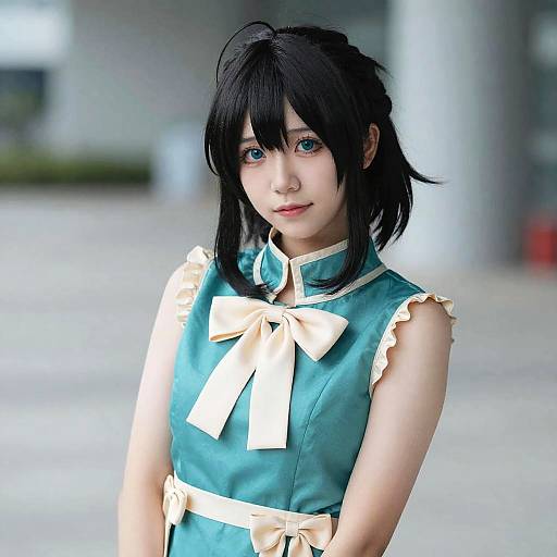 Young Asian woman in teal cosplay with black hair, blue eyes, white bow, and sleeveless top, standing outdoors, blurred background.