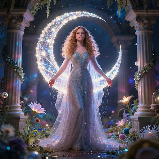 Photograph-style digital art of a curly-haired woman in a shimmering blue gown, standing under glowing crescent moon, surrounded by flowers and columns,