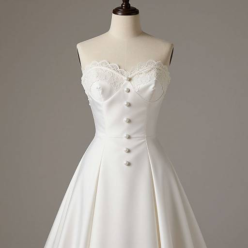 Photograph of a white satin strapless dress with lace trim, buttoned down the front, displayed on a mannequin against a gray background.