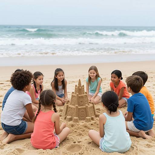 Photograph of seven children, diverse ethnicities, sitting on sandy beach, forming a circle around a large intricate sandcastle, with ocean waves in background
