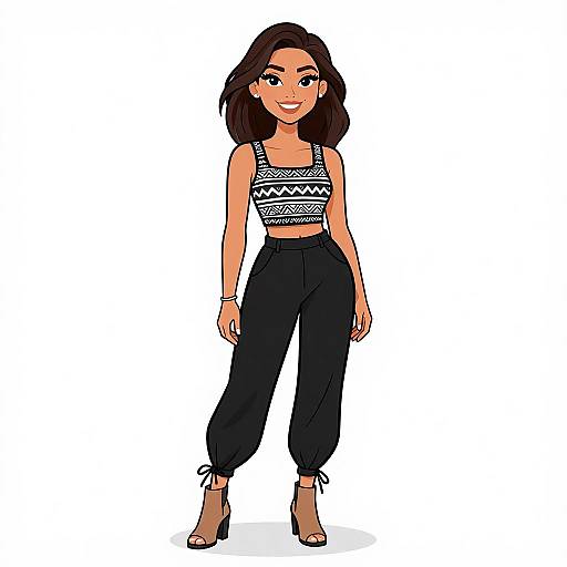Digital illustration of a smiling woman with medium brown skin and dark brown hair, wearing a black and white patterned crop top, high-waisted black