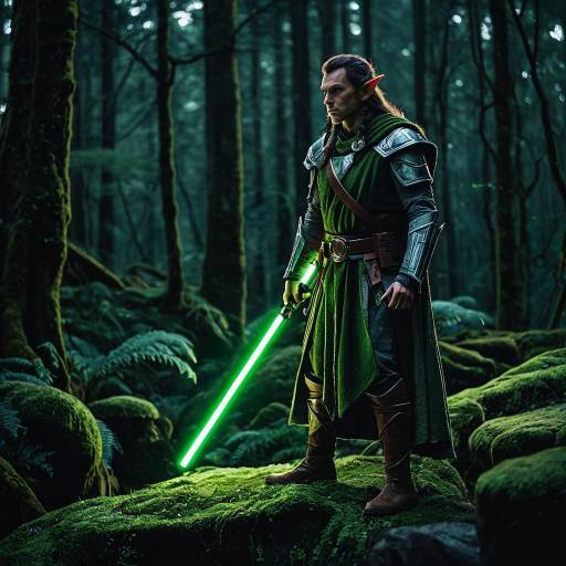 Elf Warrior with Green Lightsaber in Enchanted Forest