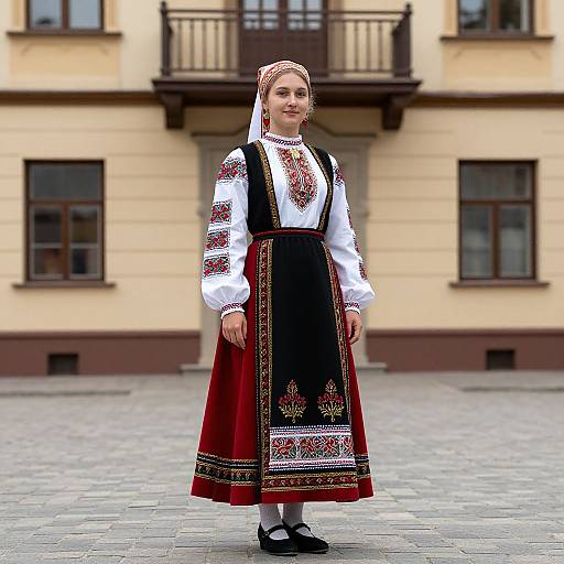 Photograph of a young woman in traditional Eastern European folk dress, standing on a cobblestone street, with a yellow-beige building in the background
