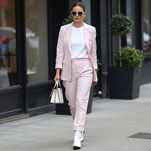 Photograph of a stylish woman in pink pinstripe suit, white top, white boots, round sunglasses, carrying a white handbag, walking on