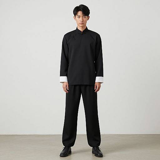 Photograph of an Asian man with short black hair, wearing a black long-sleeve shirt, white cuffs, black pants, and black shoes,