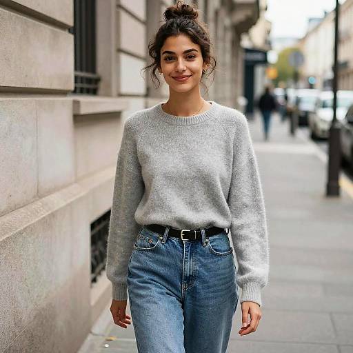 Photograph of a smiling woman with dark hair in a bun, wearing a gray sweater and high-waisted blue jeans, standing on a city sidewalk