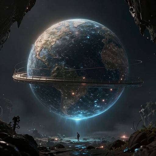 Digital artwork of a glowing, illuminated Earth with a futuristic ring-shaped structure orbiting it, set against a dark, starry background. Silhouet