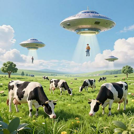 Photorealistic CGI: Black-and-white cows graze in a vibrant green field under a bright blue sky with three UFOs hovering, each holding a