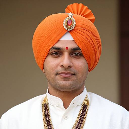 Photograph of a South Asian man with medium brown skin, wearing an orange turban with a jeweled center, white shirt, and gold chains,