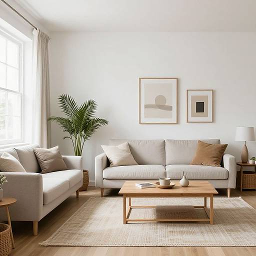Modern living room photograph: white sofa, light gray armchair, wooden coffee table, beige rug, potted plant, framed art, white walls,