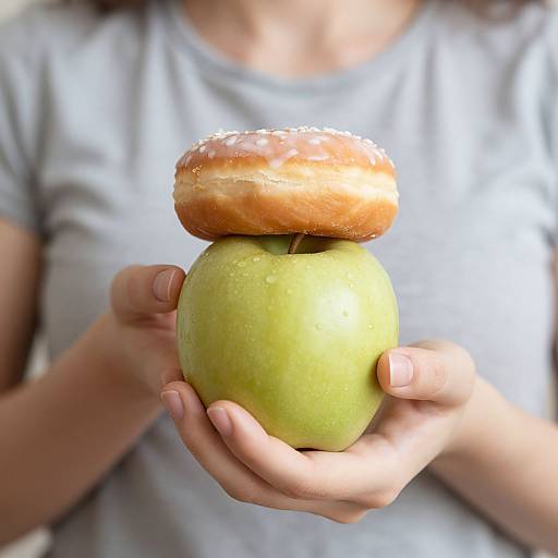 Close-Up of Woman Holding Apple and Doughnut