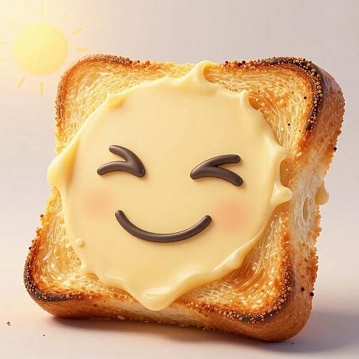 Photograph of toasted bread with creamy yellow spread and chocolate smile and eyes, resembling a happy face, against a white background.