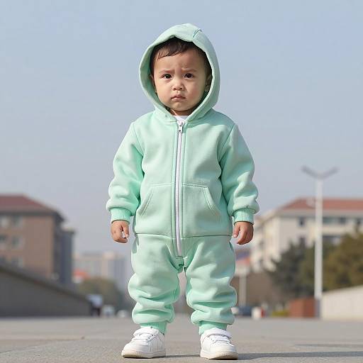 Baby in Light Green Tracksuit Outdoors