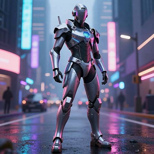 CGI image of a silver, futuristic, humanoid robot standing in a neon-lit, rainy city street, with glowing blue and pink signs in the