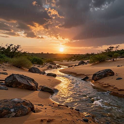 Photograph of a vivid sunset over a sandy riverbank with dark rocks, sparse grass, and rain streaks in a dramatic sky.