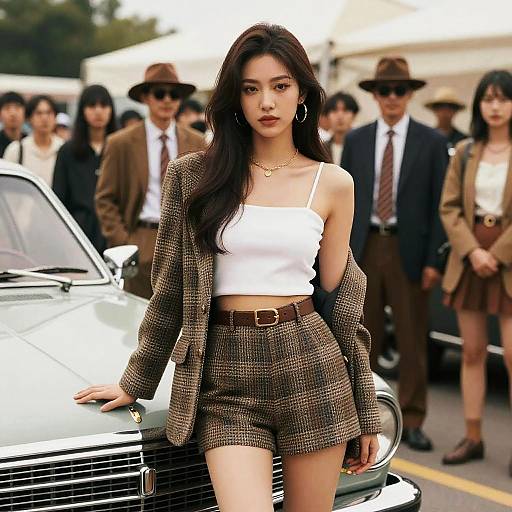 Stylish Woman Posing with Vintage Car